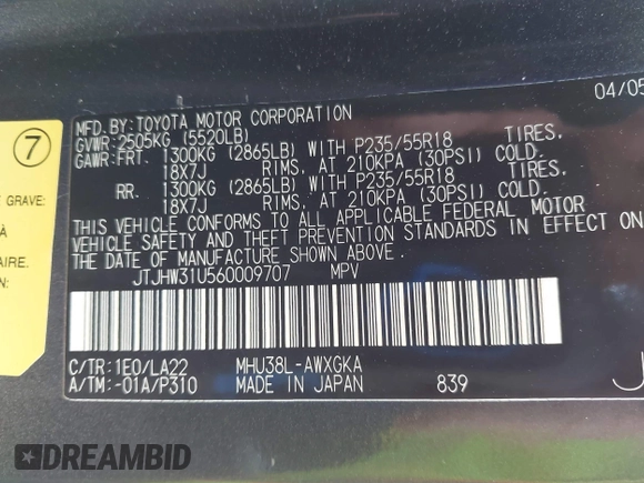 2006 Lexus RX 400h with VIN JTJHW31U560009707, listed as a IAAI auction lot 42148672 with 198,569 mi miles and . Bid and sale history available at DreamBid. Image 9.