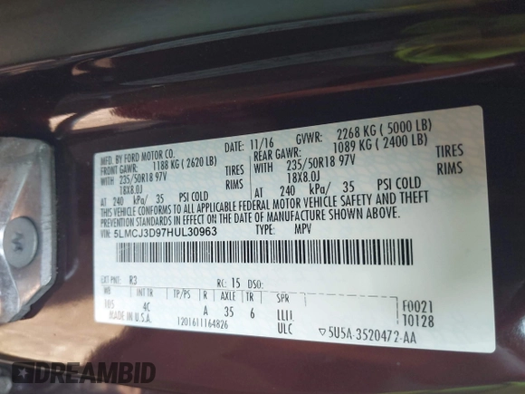 2017 Lincoln MKC Reserve с VIN 5LMCJ3D97HUL30963, выставлен на аукционе IAAI как лот 42502238 с пробегом 51 038 миль миль и . История ставок и продаж доступна на DreamBid. Изображение 9.