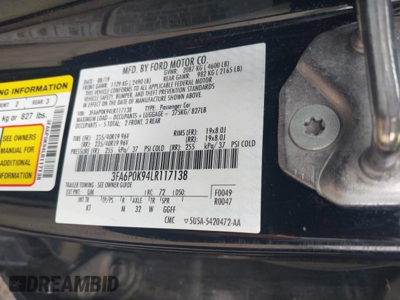 2020 Ford Fusion Titanium with VIN 3FA6P0K94LR117138, listed as a IAAI auction lot 42345819 with 88,117 mi miles and . Bid and sale history available at DreamBid. Image 9.