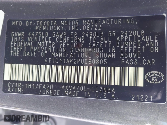 2023 Toyota Camry LE z VIN 4T1C11AK2PU080805, wystawiony jako IAAI lot #42165528 z przebiegiem 28 307 mil mil oraz . Historia ofert i sprzedaży dostępna na DreamBid. Obrazek 9.