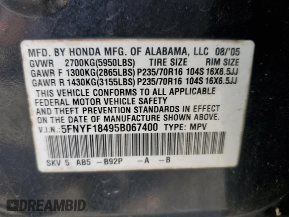 2005 Honda Pilot EX with VIN 5FNYF18495B067400, listed as a Copart auction lot 55572315 with 323,703 mi miles and Clean Title. Bid and sale history available at DreamBid. Image 13.