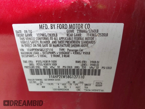 2011 Ford Taurus SEL with VIN 1FAHP2EW5BG127110, listed as a IAAI auction lot 42154950 with 227,549 mi miles. Bid and sale history available at carsss.com. Image 9.