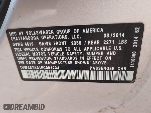 2014 Volkswagen Passat Wolfsburg Edition with VIN 1VWAS7A31EC091234, listed as a IAAI auction lot 41801788 with Not provided miles and . Bid and sale history available at DreamBid. Image 9.