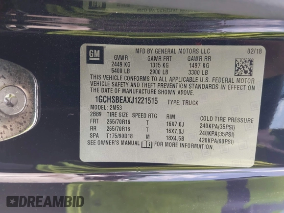 2018 Chevrolet Colorado 2WD Work Truck with VIN 1GCHSBEAXJ1221515, listed as a IAAI auction lot 42472186 with 72,103 mi miles and . Bid and sale history available at DreamBid. Image 9.