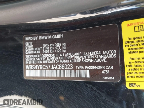 2018 BMW M4 z VIN WBS4Y9C57JAC86023, wystawiony jako IAAI lot #41858452 z przebiegiem 95 640 mil mil oraz . Historia ofert i sprzedaży dostępna na DreamBid. Obrazek 9.