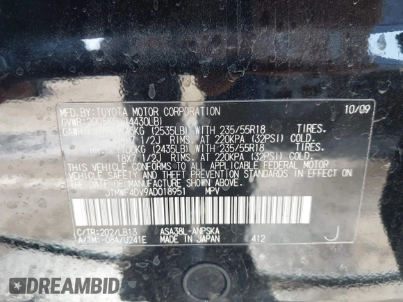 2010 Toyota RAV4 Sport z VIN JTMWF4DV9AD018951, wystawiony jako IAAI lot #41610873 z przebiegiem 149 900 mil mil oraz . Historia ofert i sprzedaży dostępna na DreamBid. Obrazek 9.