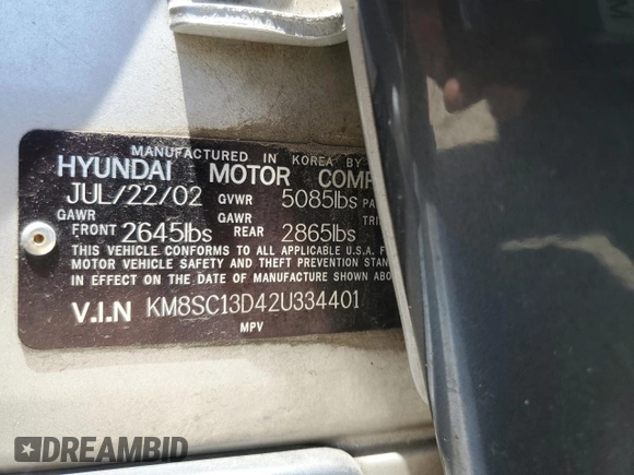 2002 Hyundai Santa Fe GLS with VIN KM8SC13D42U334401, listed as a Copart auction lot 60467854 with 187,404 mi miles and Salvage Title. Bid and sale history available at carsss.com. Image 15.