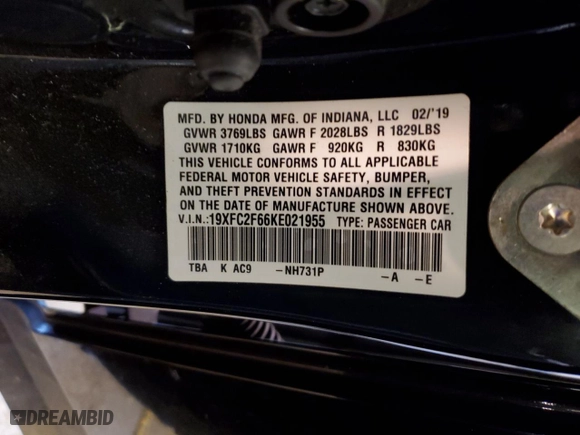 2019 Honda Civic Sedan LX with VIN 19XFC2F66KE021955, listed as a Copart auction lot 43826994 with 0 mi miles and Salvage Title. Bid and sale history available at carsss.com. Image 13.