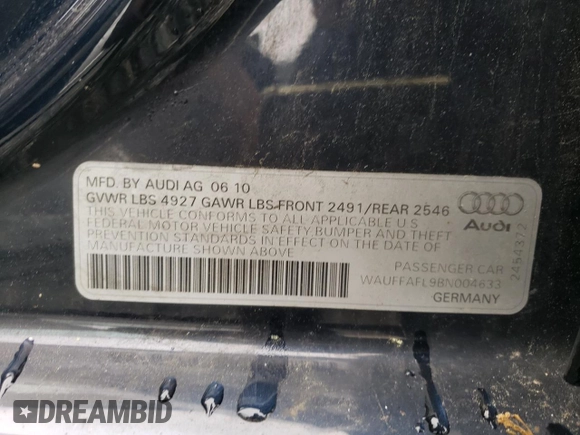 2011 Audi A4 Premium Plus with VIN WAUFFAFL9BN004633, listed as a Copart auction lot 59851995 with Not provided miles and Clean title. Bid and sale history available at DreamBid. Image 13.