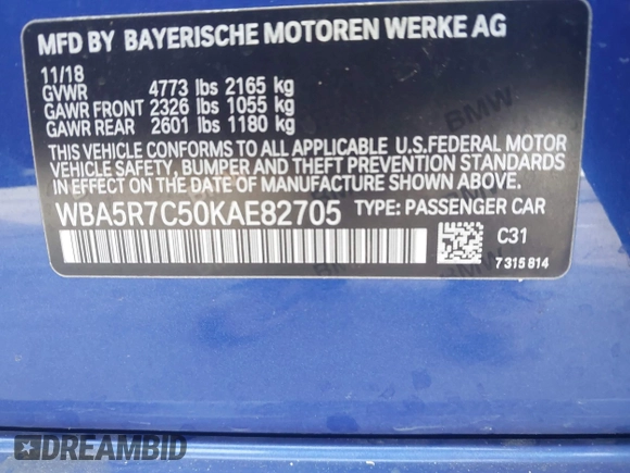 2019 BMW 3 Series 330i xDrive with VIN WBA5R7C50KAE82705, listed as a IAAI auction lot 41233898 with 69,505 mi miles. Bid and sale history available at carsss.com. Image 9.