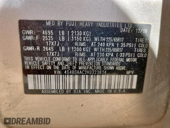 2017 Subaru Outback with VIN 4S4BSAAC2H3323814, listed as a Copart auction lot 61427625 with 271,585 mi miles and Clean title. Bid and sale history available at DreamBid. Image 13.
