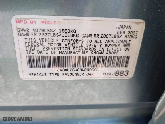 2008 Mitsubishi Lancer DE with VIN JA3AU26U08U009606, listed as a IAAI auction lot 41941258 with 84,106 mi miles. Bid and sale history available at carsss.com. Image 9.