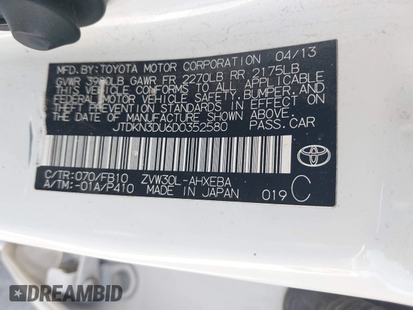 2013 Toyota Prius One z VIN JTDKN3DU6D0352580, wystawiony jako IAAI lot #42244296 z przebiegiem 304 157 mil mil oraz . Historia ofert i sprzedaży dostępna na DreamBid. Obrazek 9.
