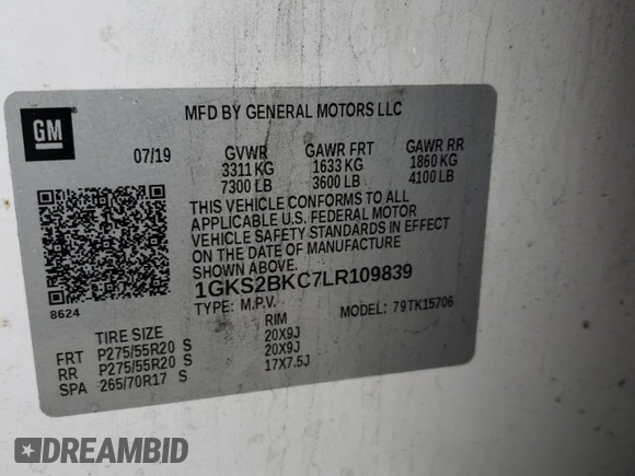2020 GMC Yukon SLT with VIN 1GKS2BKC7LR109839, listed as a Copart auction lot 42817965 with 45,905 mi miles and Salvage Title. Bid and sale history available at carsss.com. Image 13.