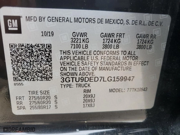 2020 GMC Sierra 1500 SLT with VIN 3GTU9DED7LG159947, listed as a Copart auction lot 51085095 with 111,508 mi miles and Clean Title. Bid and sale history available at carsss.com. Image 12.