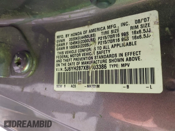 2008 Honda Element EX with VIN 5J6YH287X8L003386, listed as a IAAI auction lot 42110666 with 291,685 mi miles and . Bid and sale history available at DreamBid. Image 9.