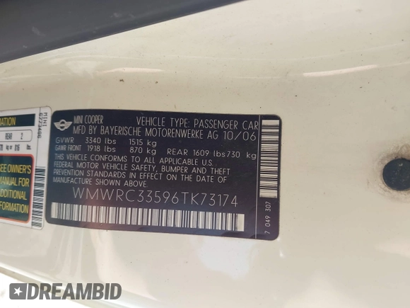 2006 MINI Hardtop with VIN WMWRC33596TK73174, listed as a IAAI auction lot 41848500 with 182,704 mi miles and . Bid and sale history available at DreamBid. Image 9.