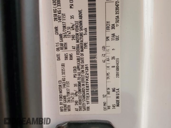 2015 Ford F-150 XLT with VIN 1FTEX1E87FKE21281, listed as a Copart auction lot 58309635 with 145,552 mi miles and Salvage title. Bid and sale history available at DreamBid. Image 12.