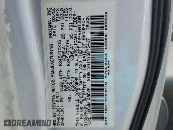 2000 Toyota Tundra SR5 with VIN 5TBRT3414YS075417, listed as a Copart auction lot 53175055 with 172,157 mi miles and Salvage Title. Bid and sale history available at DreamBid. Image 15.