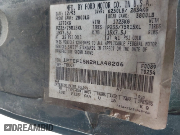 1994 Ford F-150 z VIN 1FTEF15N2RLA48206, wystawiony jako IAAI lot #42694976 z przebiegiem Nie podano mil oraz . Historia ofert i sprzedaży dostępna na DreamBid. Obrazek 9.
