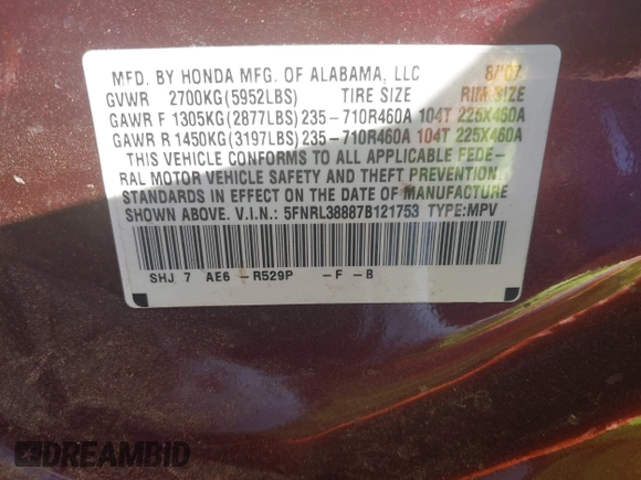 2007 Honda Odyssey Touring z VIN 5FNRL38887B121753, wystawiony jako IAAI lot #40972256 z przebiegiem 152 702 mil mil oraz . Historia ofert i sprzedaży dostępna na DreamBid. Obrazek 9.