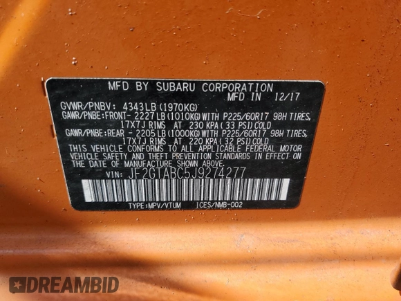 2018 Subaru Crosstrek Premium z VIN JF2GTABC5J9274277, wystawiony jako Copart lot #55037955 z przebiegiem 166 433 mil mil oraz Szkoda całkowita • Salvage title. Historia ofert i sprzedaży dostępna na DreamBid. Obrazek 13.