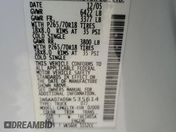 2006 Nissan Titan SE z VIN 1N6AA07A06N535614, wystawiony jako Copart lot #59762005 z przebiegiem 130 296 mil mil oraz Szkoda całkowita • Salvage title. Historia ofert i sprzedaży dostępna na DreamBid. Obrazek 12.