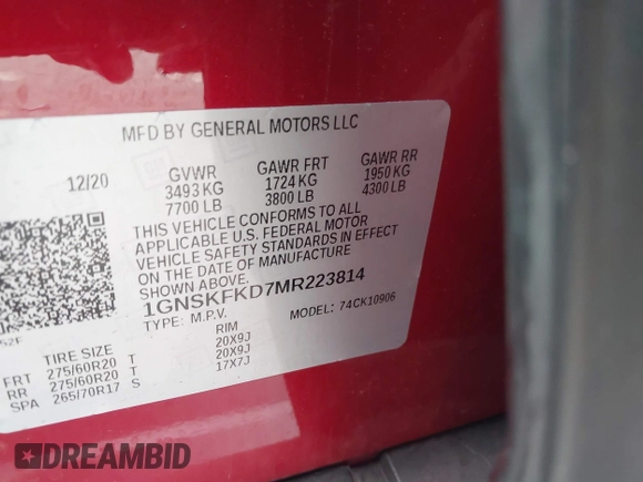 2021 Chevrolet Suburban Premier with VIN 1GNSKFKD7MR223814, listed as a IAAI auction lot 41491296 with 78,739 mi miles and . Bid and sale history available at DreamBid. Image 9.