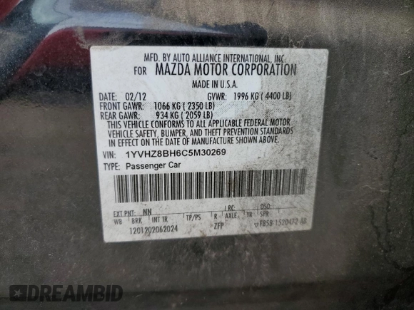 2012 Mazda 6 i Sport with VIN 1YVHZ8BH6C5M30269, listed as a Copart auction lot 51128595 with 190,710 mi miles and Salvage title. Bid and sale history available at DreamBid. Image 12.