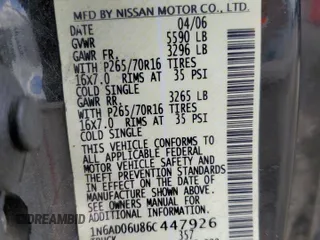 2006 Nissan Frontier SE with VIN 1N6AD06U86C447926, listed as a Copart auction lot 61472295 with 250,263 mi miles and Salvage title. Bid and sale history available at DreamBid. Image 12.