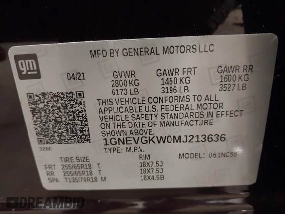 2021 Chevrolet Traverse LT Cloth with VIN 1GNEVGKW0MJ213636, listed as a IAAI auction lot 42084923 with 45,233 mi miles. Bid and sale history available at carsss.com. Image 9.