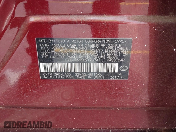 2008 Lexus ES 330 с VIN JTHBJ46G582173741, выставлен на аукционе IAAI как лот 42361555 с пробегом 208 752 миль миль и . История ставок и продаж доступна на DreamBid. Изображение 9.