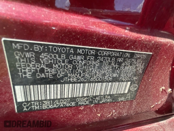 2006 Lexus IS 350 z VIN JTHBE262165001506, wystawiony jako Copart lot #51870425 z przebiegiem 213 188 mil mil oraz Czysty tytuł • Clean title. Historia ofert i sprzedaży dostępna na DreamBid. Obrazek 10.