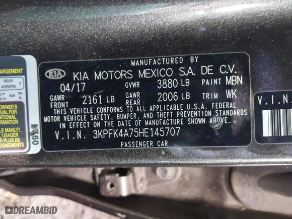 2017 Kia Forte LX with VIN 3KPFK4A75HE145707, listed as a IAAI auction lot 41808305 with 107,457 mi miles. Bid and sale history available at carsss.com. Image 9.