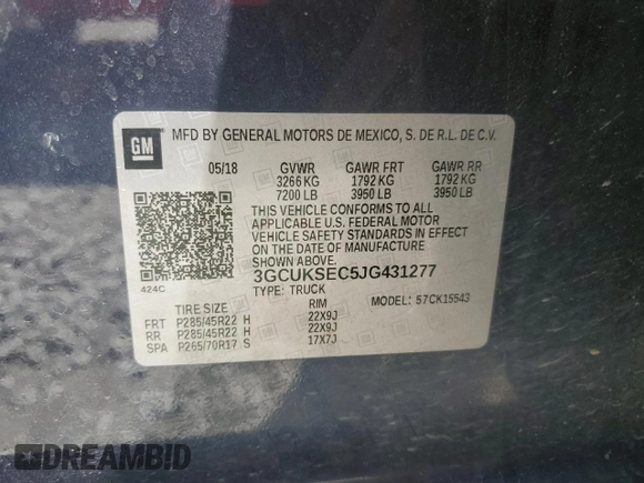 2018 Chevrolet Silverado 1500 LTZ with VIN 3GCUKSEC5JG431277, listed as a Copart auction lot 50258025 with 85,279 mi miles and Salvage Title. Bid and sale history available at DreamBid. Image 13.