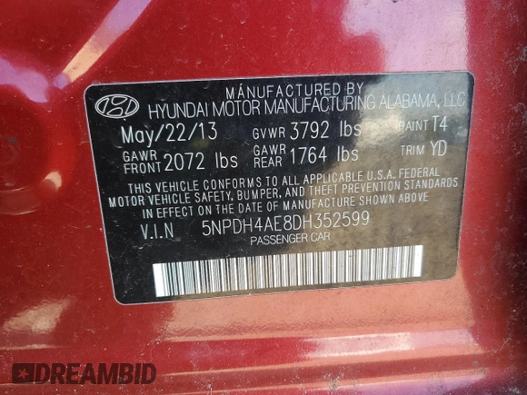 2013 Hyundai Elantra GLS z VIN 5NPDH4AE8DH352599, wystawiony jako Copart lot #58244085 z przebiegiem 137 714 mil mil oraz Szkoda całkowita • Salvage title. Historia ofert i sprzedaży dostępna na DreamBid. Obrazek 13.