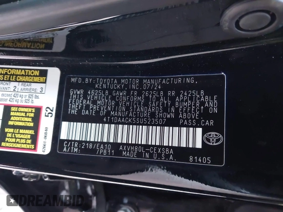 2025 Toyota Camry LE z VIN 4T1DAACK5SU523507, wystawiony jako IAAI lot #41389041 z przebiegiem 5 027 mil mil oraz . Historia ofert i sprzedaży dostępna na DreamBid. Obrazek 9.