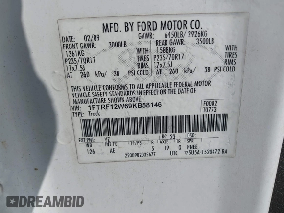 2009 Ford F-150 XL with VIN 1FTRF12W69KB58146, listed as a IAAI auction lot 42705017 with 150,944 mi miles and . Bid and sale history available at DreamBid. Image 9.