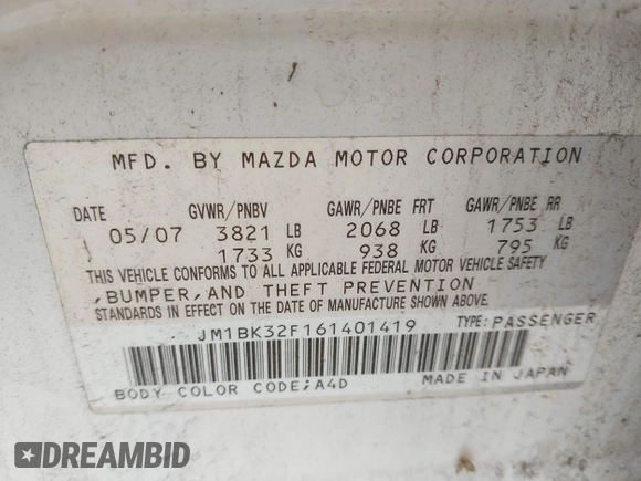 2006 Mazda 3 i Touring with VIN JM1BK32F161401419, listed as a IAAI auction lot 42261618 with 96,772 mi miles and . Bid and sale history available at DreamBid. Image 9.