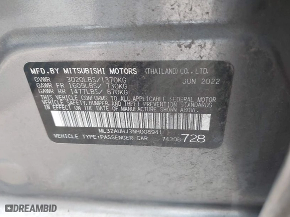 2022 Mitsubishi Mirage ES with VIN ML32AUHJ3NH008941, listed as a IAAI auction lot 41501860 with 23744 miles. Bid and sale history available at carsss.com. Image 9.