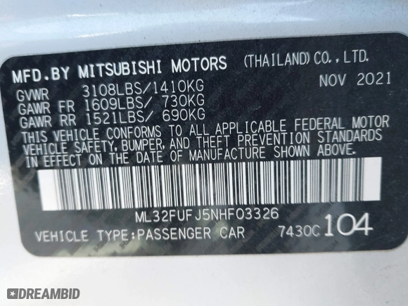 2022 Mitsubishi Mirage G4 ES with VIN ML32FUFJ5NHF03326, listed as a IAAI auction lot 41340720 with 15,621 mi miles. Bid and sale history available at carsss.com. Image 9.