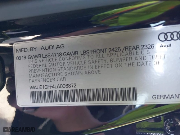 2020 Audi S3 Sedan S line Premium Plus with VIN WAUE1GFF4LA006872, listed as a IAAI auction lot 41657126 with NaN miles. Bid and sale history available at carsss.com. Image 9.