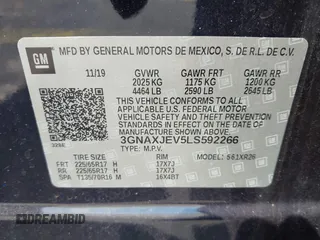 2020 Chevrolet Equinox LT with VIN 3GNAXJEV5LS592266, listed as a IAAI auction lot 41924328 with 61,574 mi miles and . Bid and sale history available at DreamBid. Image 9.