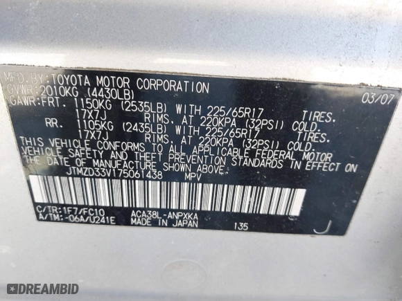 2007 Toyota RAV4 with VIN JTMZD33V175061438, listed as a IAAI auction lot 41769423 with 152,674 mi miles. Bid and sale history available at carsss.com. Image 9.