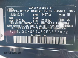 2015 Kia Optima SX Turbo with VIN 5XXGR4A69FG365072, listed as a IAAI auction lot 42295872 with 121,269 mi miles and . Bid and sale history available at DreamBid. Image 9.