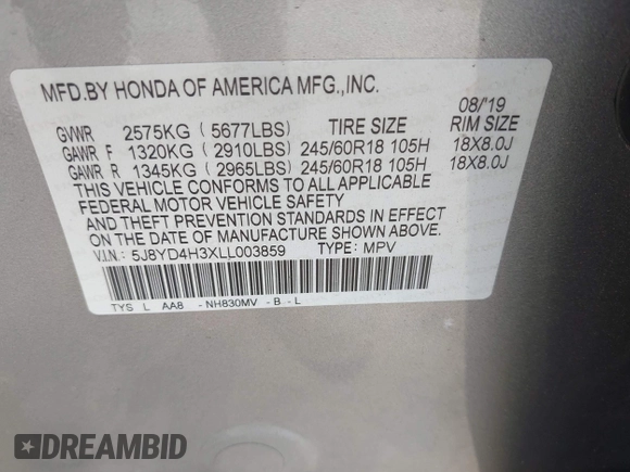 2020 Acura MDX with VIN 5J8YD4H3XLL003859, listed as a IAAI auction lot 42502948 with 66,839 mi miles and . Bid and sale history available at DreamBid. Image 9.