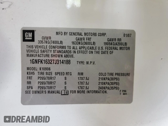 2007 Chevrolet Suburban LT с VIN 1GNFK16327J314188, выставлен на аукционе Copart как лот 56455285 с пробегом Не указан миль и Списание • Salvage title. История ставок и продаж доступна на DreamBid. Изображение 13.