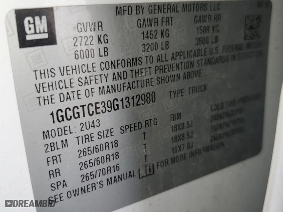 2016 Chevrolet Colorado 4WD LT with VIN 1GCGTCE39G1312980, listed as a Copart auction lot 63286254 with 115,314 mi miles and Salvage Title. Bid and sale history available at carsss.com. Image 15.