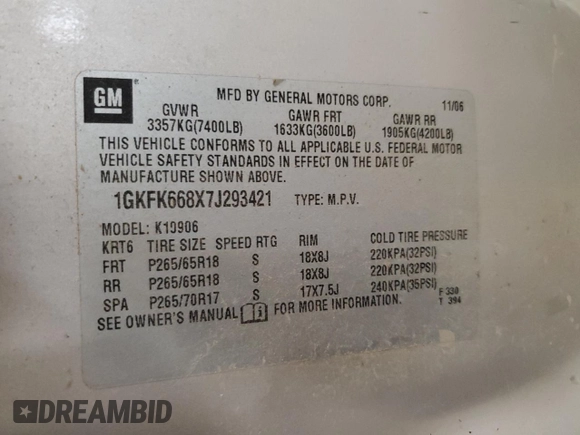 2007 GMC Yukon XL with VIN 1GKFK668X7J293421, listed as a Copart auction lot 59281025 with 279,431 mi miles and Clean title. Bid and sale history available at DreamBid. Image 13.