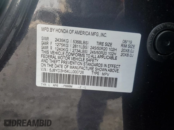 2020 Acura MDX w/Technology Pkg with VIN 5J8YD3H54LL000726, listed as a Copart auction lot 43518575 with 46,813 mi miles and Non Repairable. Bid and sale history available at carsss.com. Image 15.